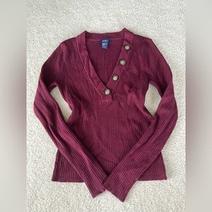 Forever 21 - Button-Up Sweater, Burgundy, V-Neck, Rib-Knit, Preppy, Coqu…